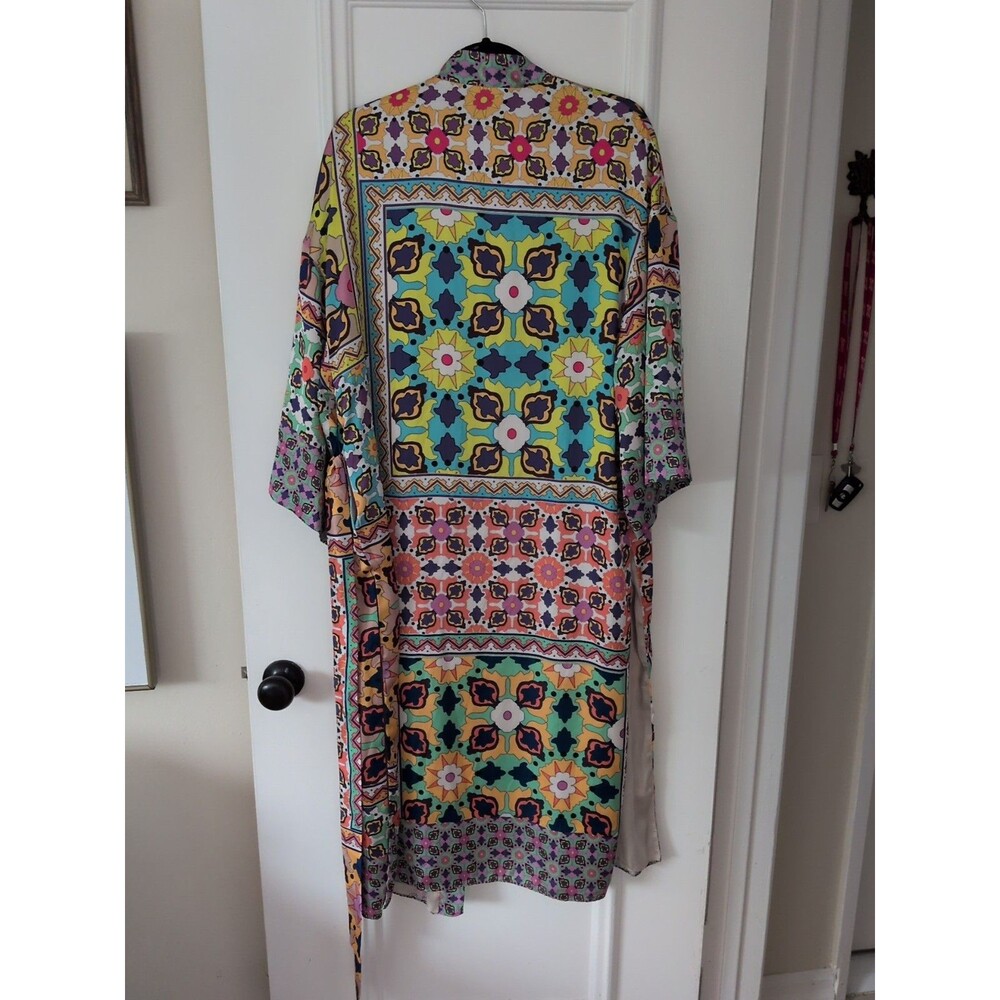 Zara Kimono Robe XS Wild Print Patchwork Midi Open Front with Tie Satin Lining - Picture 16 of 16